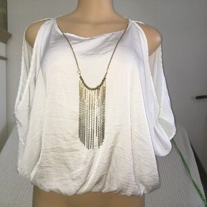 A. BYER WHITE GOLD HANGING NECKLACE, COLD SHOULDER WHITE  BLOUSE SIZE SMALL